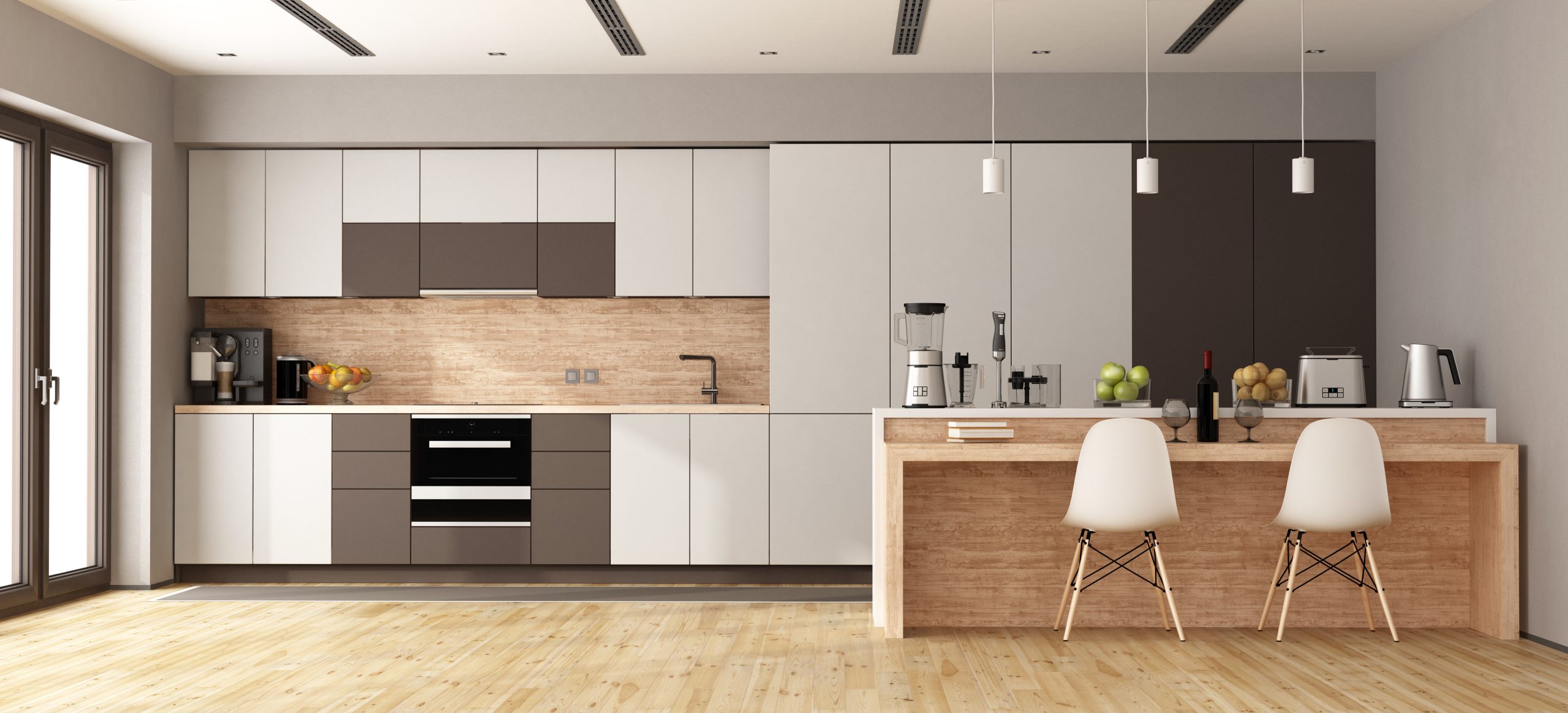 3d White And Brown Modern Kitchen Cabinets